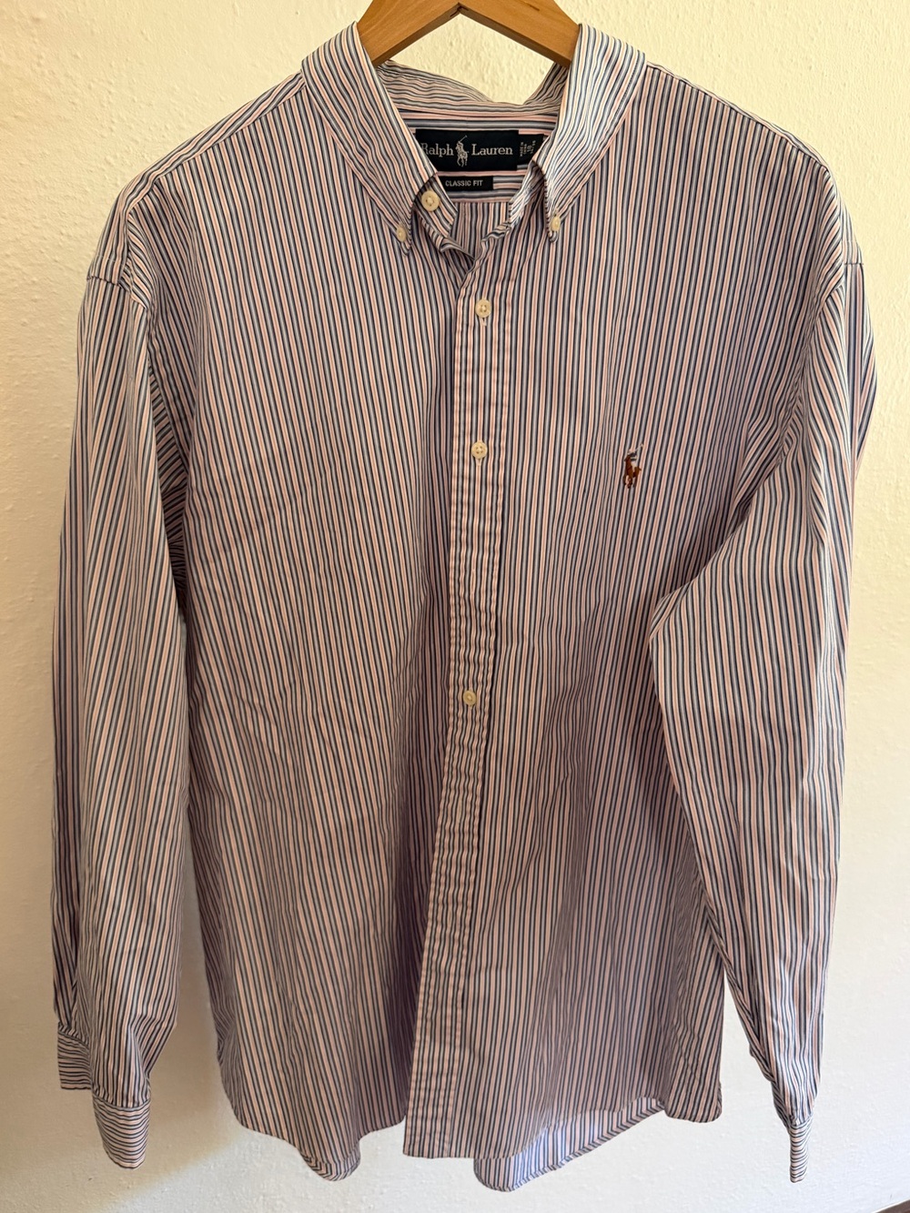 Ralph Lauren Classic Fit Mens 16 34/35 Blue Pink Stripe Button Down Dress Shirt